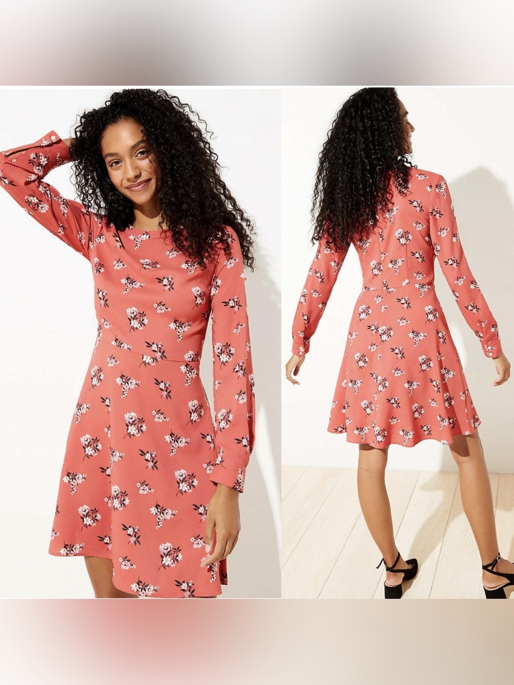 Loft Floral Pleated Cuff Long Sleeve Flare Dress Coral Pink Orange